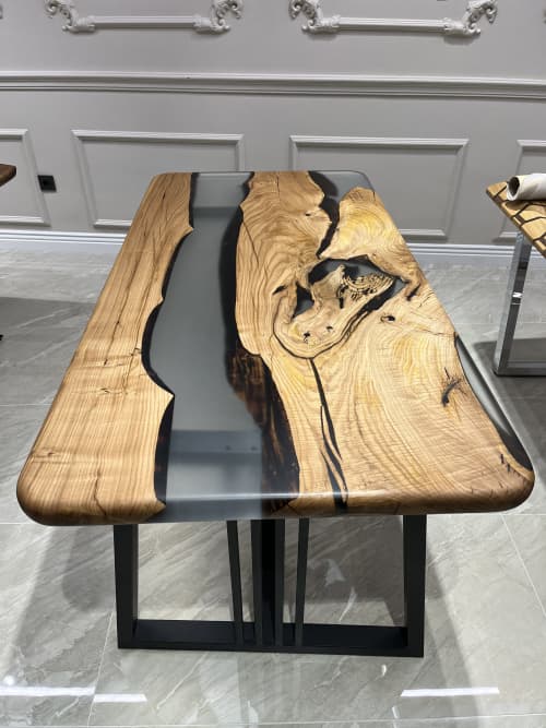 Gray Epoxy Dining Table - Custom Live Edge Epoxy Table | Tables by Tinella Collection. Item made of walnut & metal compatible with contemporary and art deco style
