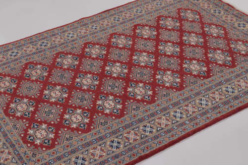 Vintage Bokhara Rug in Rich Red with Tan Geometric Patterns | Area Rug in Rugs by Rug and Kilim