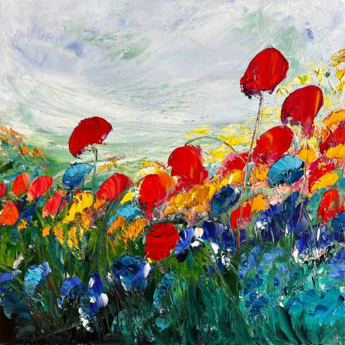 Unruly Poppies | Oil And Acrylic Painting in Paintings by Checa Art. Item composed of canvas & synthetic