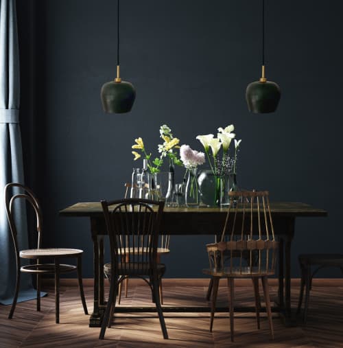Tapered Sphere Hanging Light with black cord | Pendants by Alex Marshall Studios. Item composed of brass and ceramic in mid century modern or contemporary style