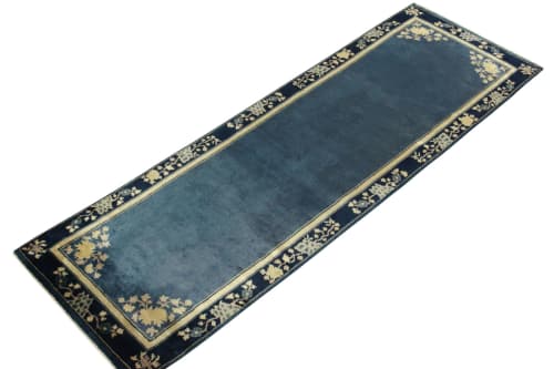 Vintage Chinese Deco style runner in Deep Blue, Off White | Area Rug in Rugs by Rug and Kilim