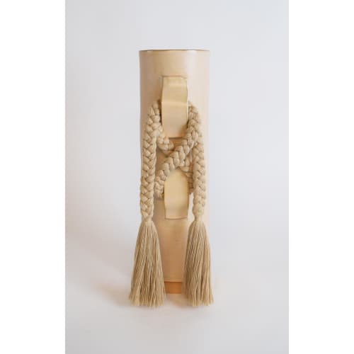 Handmade Ceramic Vase #696 in Tan with Cotton Fringe | Vases & Vessels by Karen Gayle Tinney. Item made of stoneware works with boho & contemporary style