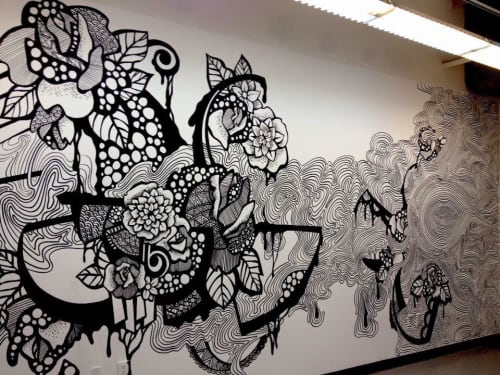 Black and white mural by Olivia Obrecht at Otis College of Art and