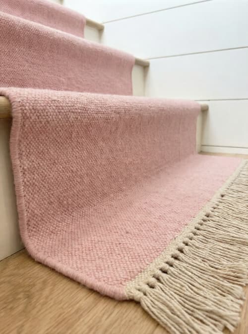 Handwoven Pink Wool Stair Runner Rug | Rugs by Evergreen Carpets. Item composed of wool compatible with boho and minimalism style