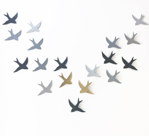 Extra Large Wall Art 18 Swallows Gray & Metallic Gold Birds | Wall Sculpture in Wall Hangings by Elizabeth Prince Ceramics. Item made of ceramic works with contemporary & country & farmhouse style