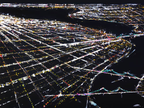 (NYC) Lower East Side Aerial | Oil And Acrylic Painting in Paintings by Pete Kasprzak | Private Residence - Los Angeles, CA in Los Angeles. Item made of canvas
