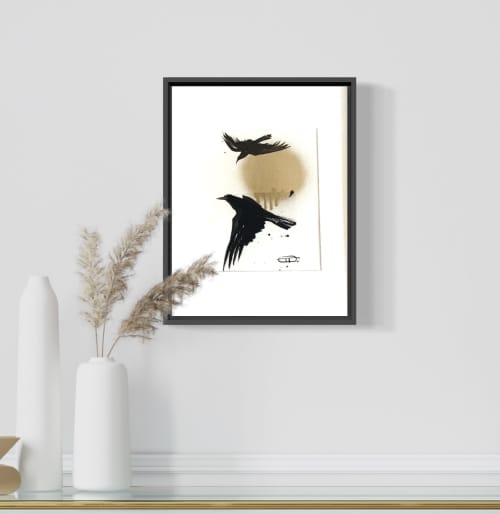 Painting minimalistic graphics flight Raven framed | Drawing in Paintings by Oplyart. Item made of paper compatible with minimalism and contemporary style