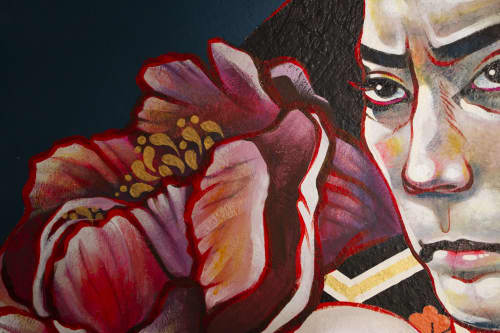 Japanese Kabuki Actor Painting on Wood Board | Oil And Acrylic Painting in Paintings by JUURI. Item made of wood & synthetic