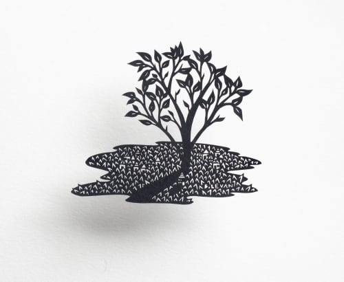 Tiny Town:  Under the Strength of this Tree | Mixed Media by Bianca Levan Papercuts | Adele Gilani Art Gallery in Sausalito. Item composed of paper