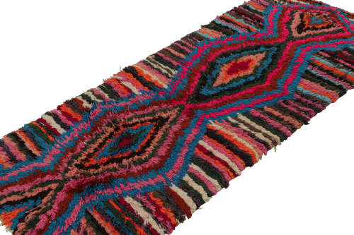 Vintage Moroccan Runner Rug with Stripes & Diamond Medallion | Area Rug in Rugs by Rug and Kilim