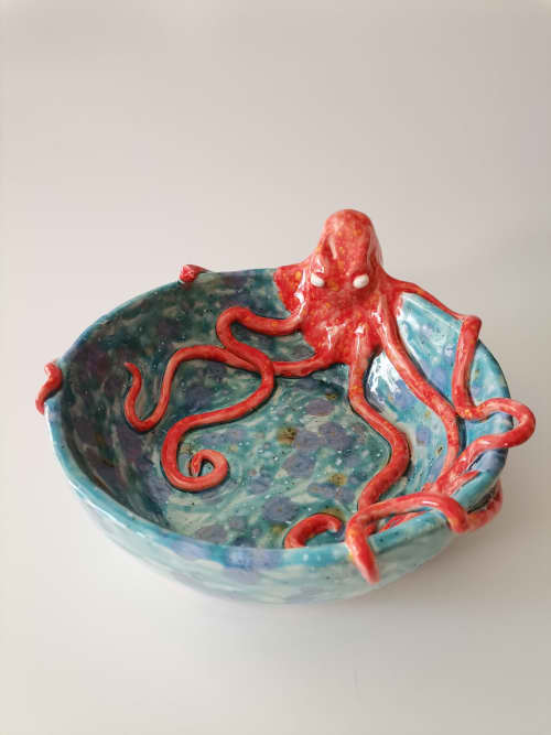 Stunning Big Size Handmade Bowl With Octopus | Decorative Bowl in Decorative Objects by HulyaKayalarCeramics. Item made of ceramic with glass works with boho & country & farmhouse style