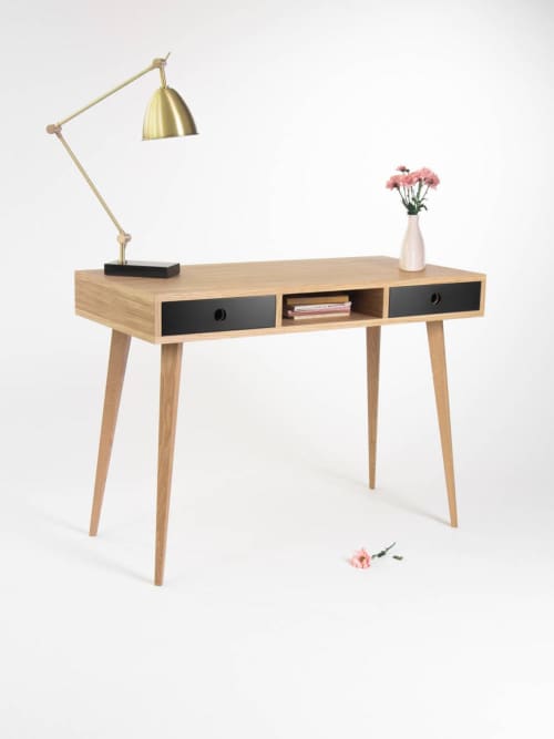 KUUB - Office table, small desk, bureau, with black drawers | Tables by Mo Woodwork. Item composed of oak wood in minimalism or mid century modern style