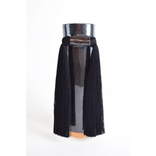 Handmade Ceramic Vase #531 in Black with Tencel Fringe | Vases & Vessels by Karen Gayle Tinney. Item made of ceramic with fiber works with boho & minimalism style