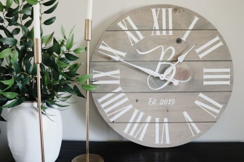 Large Customized Grey Wall Clock | Decorative Objects by Hazel Oak Farms. Item composed of wood