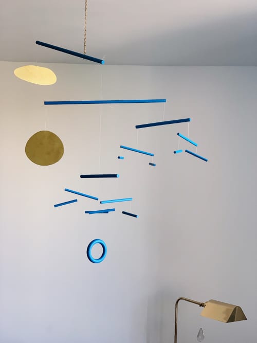 Blue Summer Kinetic Sculpture | Sculptures by Eli Altanova. Item made of wood with brass