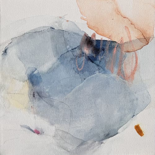 Square Abstract Painting in Blue Gray and Terracotta | Mixed Media in Paintings by Arohika Verma. Item made of wood with canvas works with minimalism & contemporary style