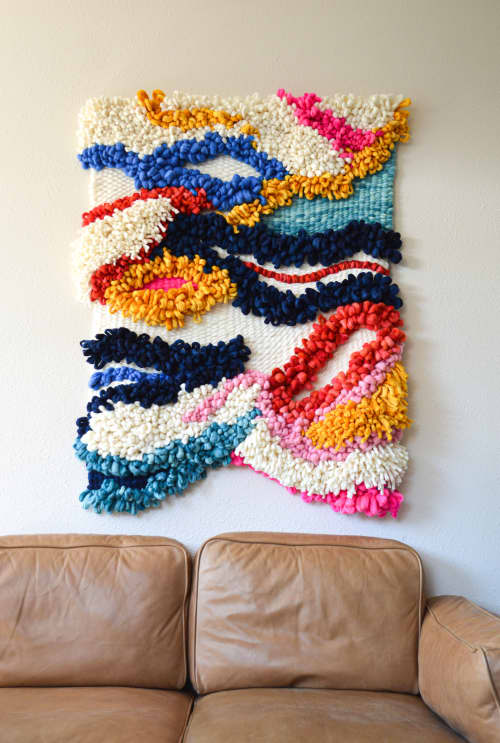 Sculptural Wool Tapestry with Red, Navy & Pink | Macrame Wall Hanging in Wall Hangings by Camille McMurry. Item compatible with boho and contemporary style