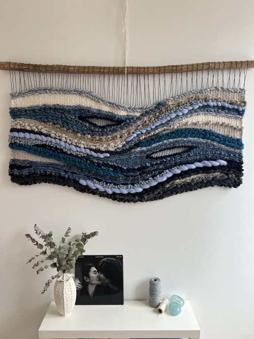 Large Handwoven Wall Tapestry "Breath of the Ocean" | Wall Sculpture in Wall Hangings by Tissage Sauvage. Item composed of wood and cotton in boho or contemporary style