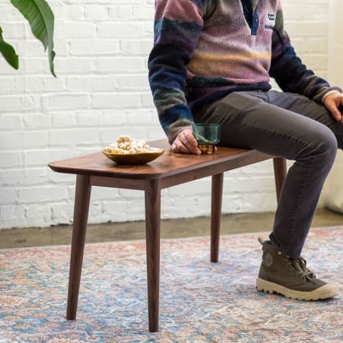 Mid Century Modern Walnut Bench: Solid Hardwood Entryway or Dining Bench | Benches & Ottomans by Spacecraft Furnishing. Item composed of walnut in minimalism or mid century modern style