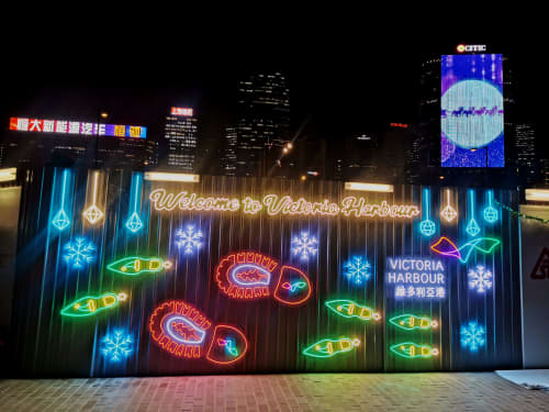 Neon Sign Installation - Victoria Harbour, Christmas Footprints ( Wanchai Promenade) | Public Sculptures by Sharmaine Kwan