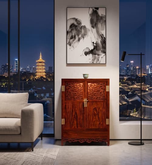 Ming Dynasty Style East Asian Dragon Lattice Wine Cabinet II | Storage by Dynasty Artisan. Item made of wood works with minimalism & contemporary style