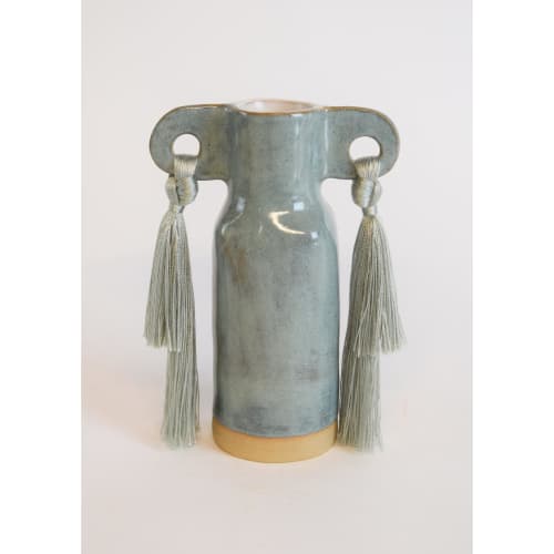 Handmade Vase #606 in Sage with Tencel Fringe | Vases & Vessels by Karen Gayle Tinney. Item made of cotton with ceramic works with boho & coastal style