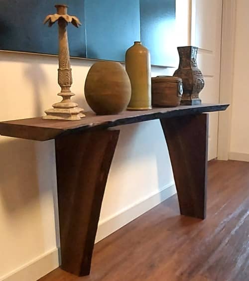 Shinto Inspired Live Edge Console Table | Tables by SjK Design Studios. Item made of walnut works with asian & modern style