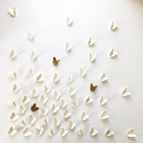 55 Original White Porcelain + Gold Ceramic Butterflies | Wall Sculpture in Wall Hangings by Elizabeth Prince Ceramics. Item made of stoneware works with minimalism & japandi style