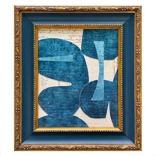 Contemporary Blue Paper Collage in Vintage Frame | Paintings by Suzanne Nicoll Studio. Item made of wood & paper compatible with mid century modern style