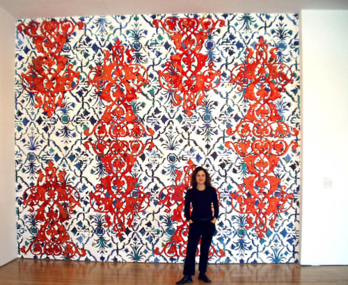 Orange and Blue Patterned Wall Mural | Murals by Margaret Lanzetta | Queens Museum in Queens. Item composed of synthetic