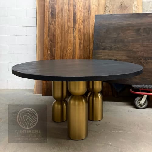 Koa Round Dining Table | Tables by YJ Interiors. Item made of oak wood & brass compatible with mid century modern and eclectic & maximalism style
