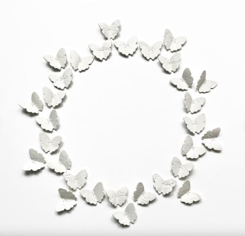 Set of 25 Botanical Butterflies wall sculpture artwork | Wall Hangings by Elizabeth Prince Ceramics. Item composed of ceramic in minimalism or mid century modern style