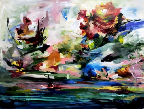 Double Water Lilies | Oil And Acrylic Painting in Paintings by Marie Manon Art | Private Residence in Calgary. Item composed of synthetic