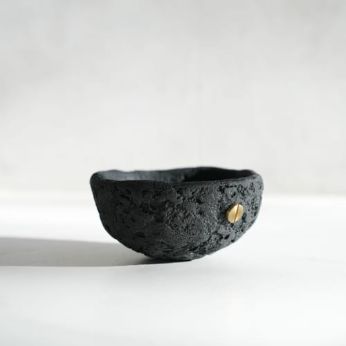 Small Treasure Bowl in Black Concrete with Brass Detail | Decorative Bowl in Decorative Objects by Carolyn Powers Designs. Item made of concrete works with minimalism & contemporary style