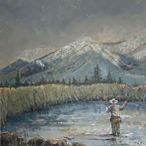 Fly Fishing at Dawn | Oil And Acrylic Painting in Paintings by Kathleen Keifer. Item composed of canvas & synthetic