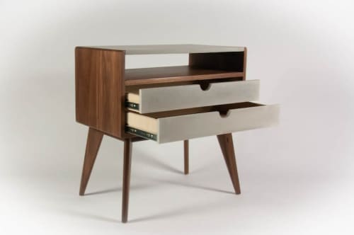 AbyGray | Nightstand in Storage by Curly Woods. Item composed of oak wood and concrete in mid century modern style