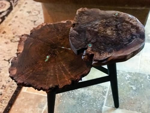 Claro Walnut Burl Live Edge Two-Tier End Table with Green Turquoise Inlay | Tables by Natural Wood Edge Creations by Rick Griggs. Item made of walnut