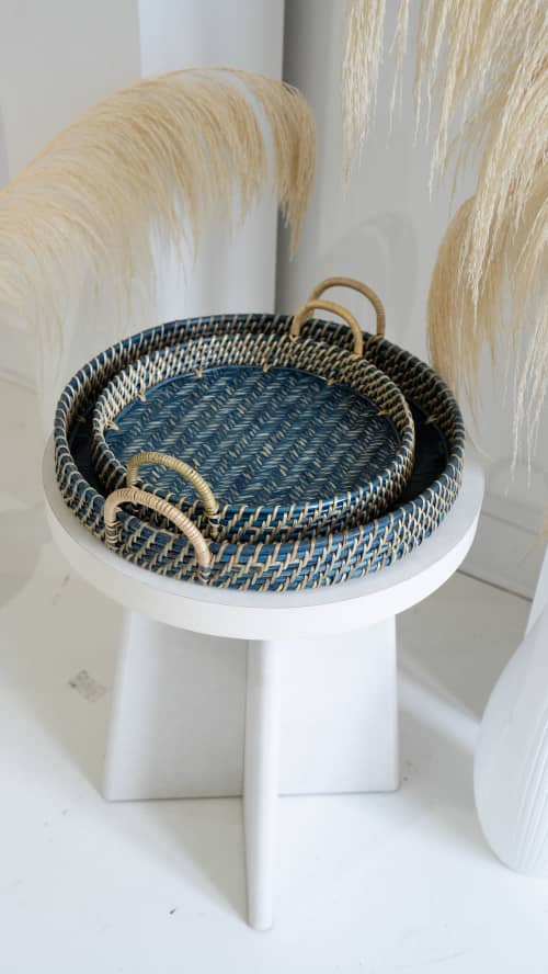 Handmade Round Bamboo and Cane Tray with Handles | Serving Tray in Serveware by Amara. Item made of bamboo works with boho & contemporary style