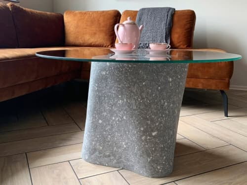White Stone Low Glass Top Coffee Table - Plinth Series | Side Table in Tables by Donatas Žukauskas. Item composed of wood and concrete in minimalism or contemporary style