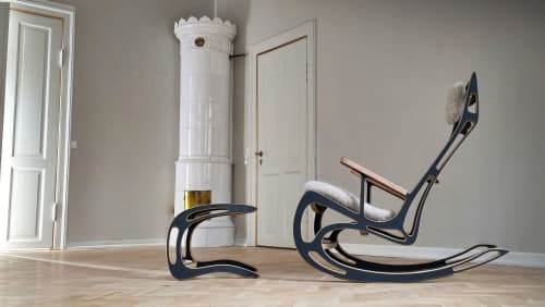 Qvist Rocking Chair & Footstool | Chairs by Peter Qvist. Item made of birch wood & fabric compatible with minimalism and contemporary style