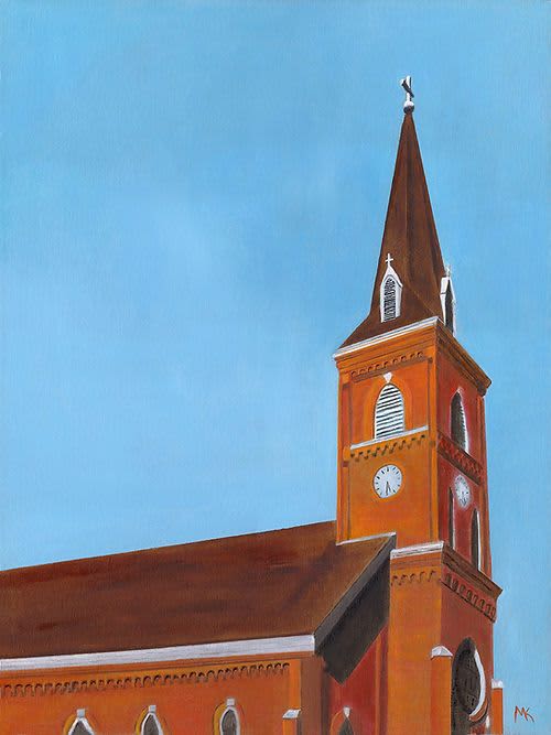 Brick Church Steeple - Original Oil Painting on Canvas | Oil And Acrylic Painting in Paintings by Michelle Keib Art. Item made of canvas