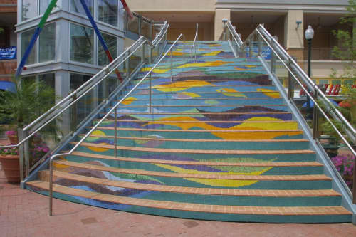 "Spring Creek" Grand Staircase | Public Mosaics by Deirdre Saunder | Silver Spring Metro Plaza in Silver Spring. Item composed of glass