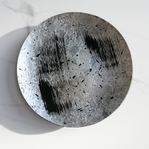 The Brush Series #005: Large Platter in Silver and Black | Decorative Plate in Decorative Objects by Carolyn Powers Designs. Item composed of concrete and glass in minimalism or contemporary style