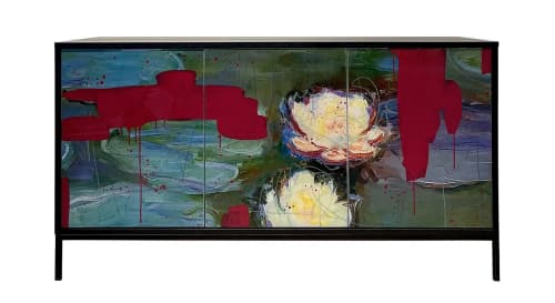 Lily Abstract by Morgan Clayhall Mix Media Artwork | Cabinet in Storage by Morgan Clayhall Inc. Item made of walnut with steel works with mid century modern & contemporary style