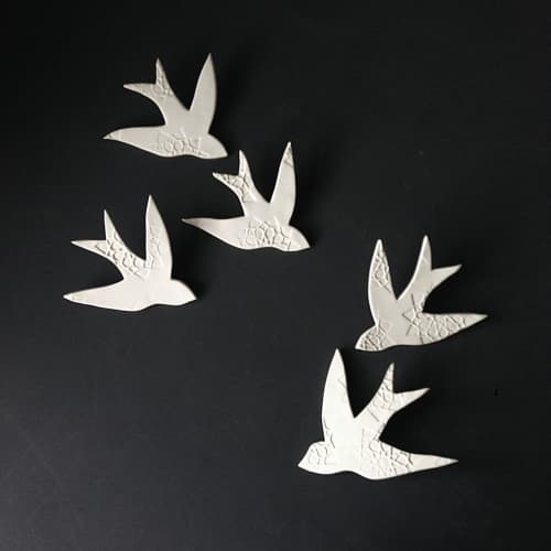 Swallows Over Morocco White Porcelain Bird - Set of 5 | Wall Sculpture in Wall Hangings by Elizabeth Prince Ceramics. Item composed of stoneware compatible with minimalism and japandi style