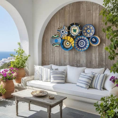 Evil Eye Wall Plates Set Of 7 | Decorative Plate in Decorative Objects by Sarmal Design. Item composed of cotton and synthetic in boho or contemporary style
