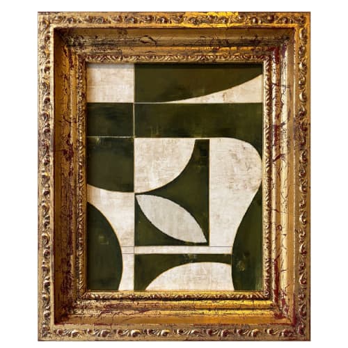 Green Mid-Century Modern Style Collage in Vintage Frame | Paintings by Suzanne Nicoll Studio. Item made of wood with paper works with mid century modern & contemporary style