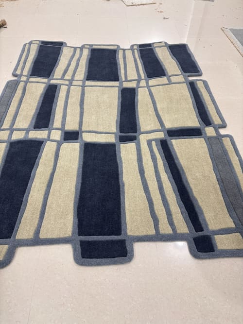 Handtufted Irregular Shape Rug, Navy Blue Beige Geometric Carpet, Modern Abstract Area Rug | Rugs by Krafcreation. Item composed of cotton compatible with boho and contemporary style