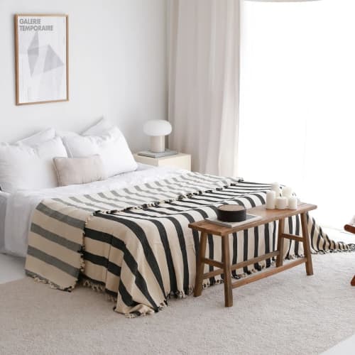 Black Cream Striped Throw Blanket Bed Spread by Lumina Design