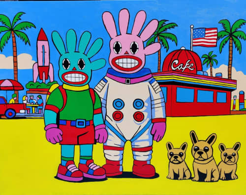 Mr. Fivebunny and Friend in Simulacrland | Oil And Acrylic Painting in Paintings by Berezart. Item made of canvas compatible with contemporary and urban style